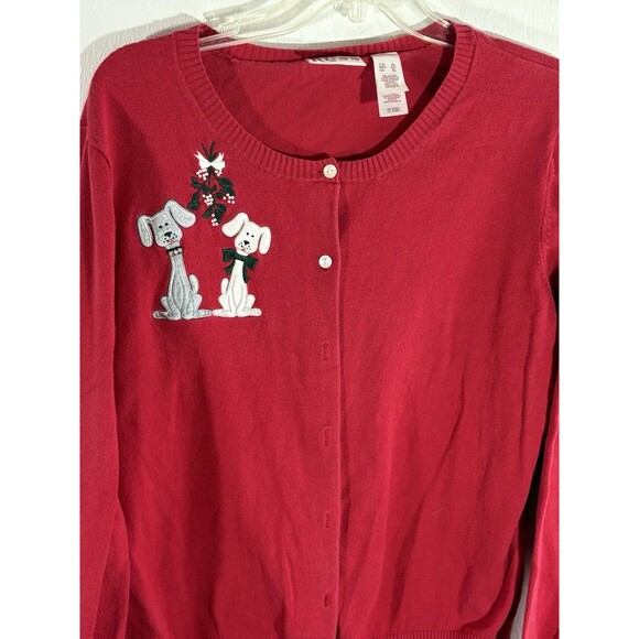 Russ Liz Claiborne Red Christmas XL Sweater w/Dogs Button Up Long Sleeve Holiday - Picture 3 of 6